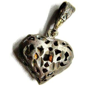 Detailed Puff Heart Pendant Charm Necklace Patina Vintage Sterling Silver 925